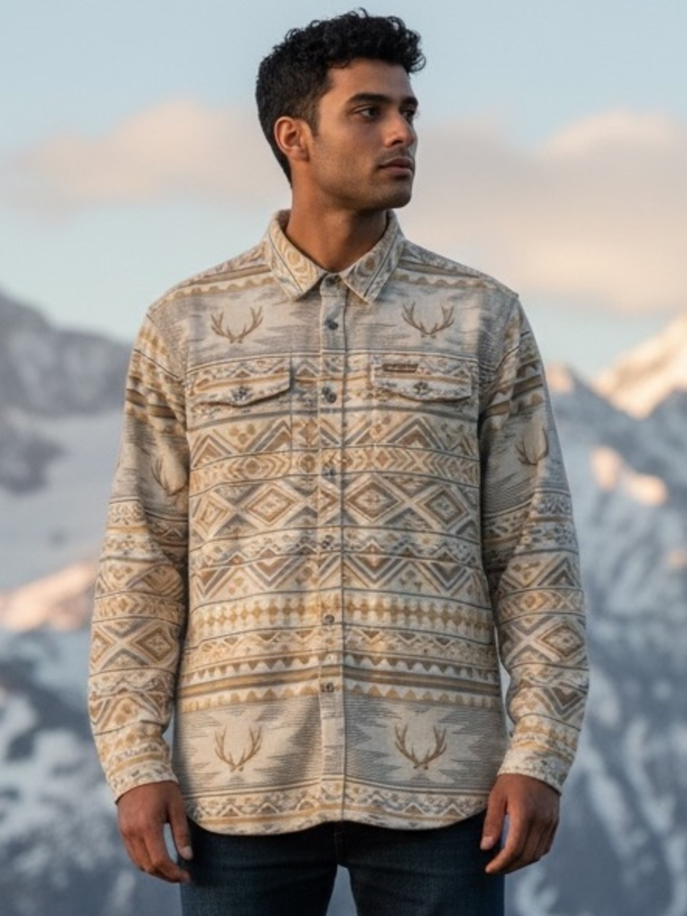 BURLEBO Vintage Heavyweight Flannel in Whitetail Aztec Cream Size Large